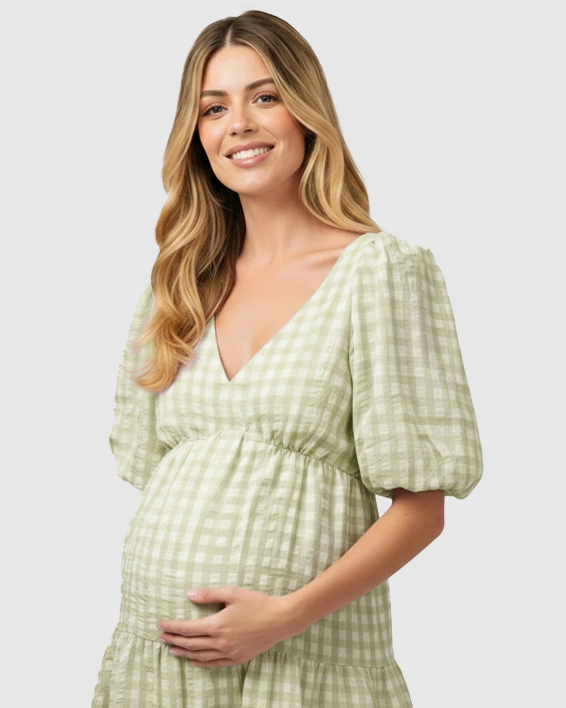 Puffed Sleeves Checkered Maternity Maxi Dress