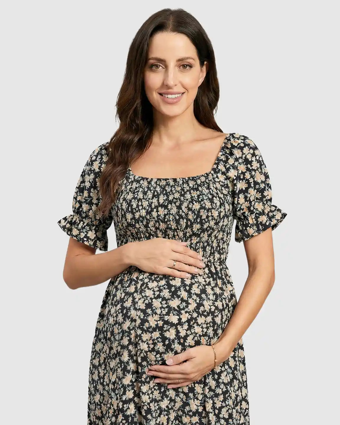 Smocked Bodice Boho Casual Maternity Midi Dress