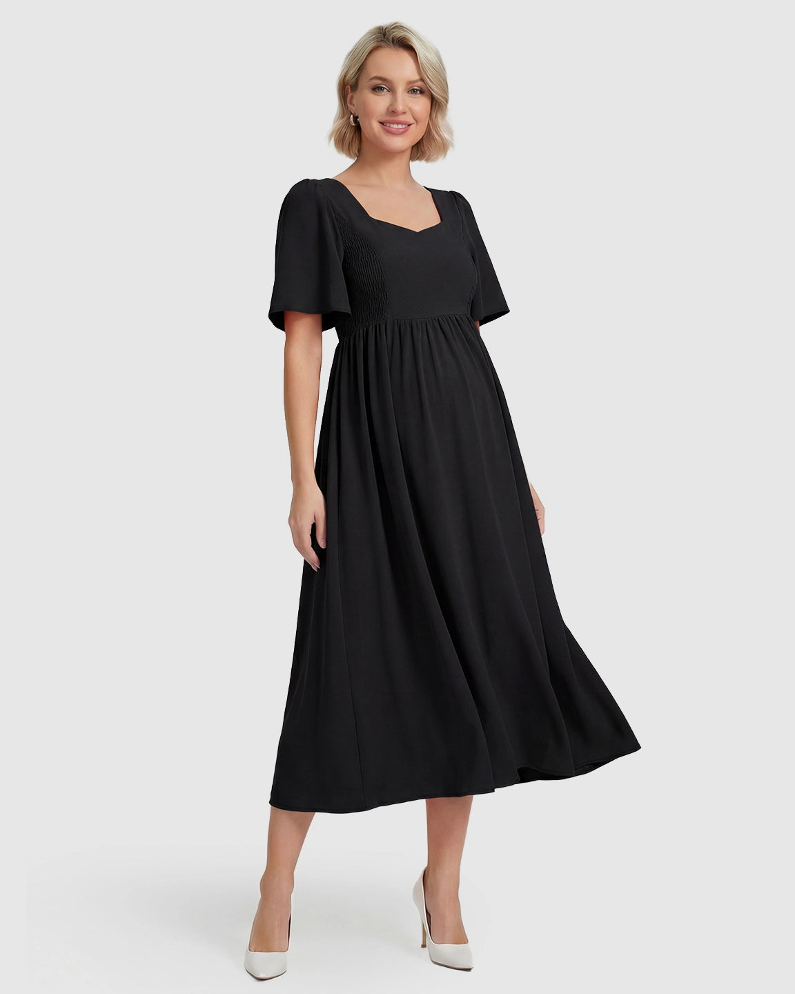 Shirred Ruffle Sleeve Swing Maternity Midi Dress
