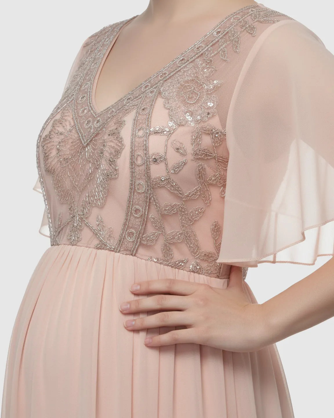 Embroidered Bodice Long Train Maternity Photoshoot Gown