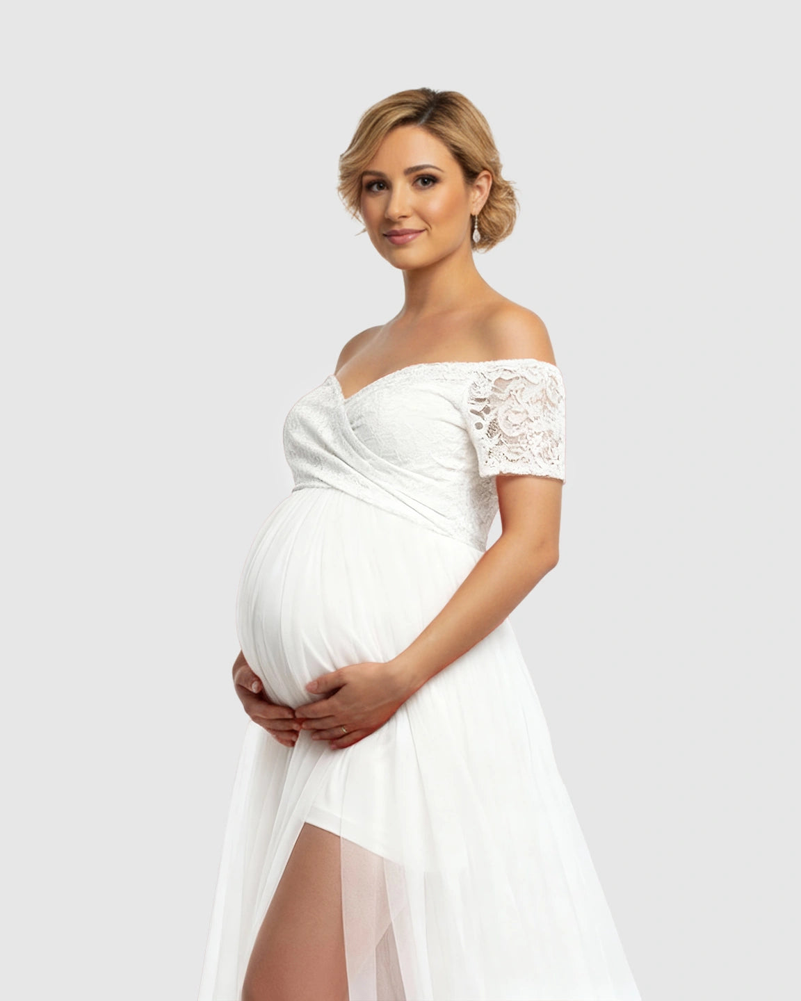 Lace & Mesh Off-Shoulder Maternity Gown