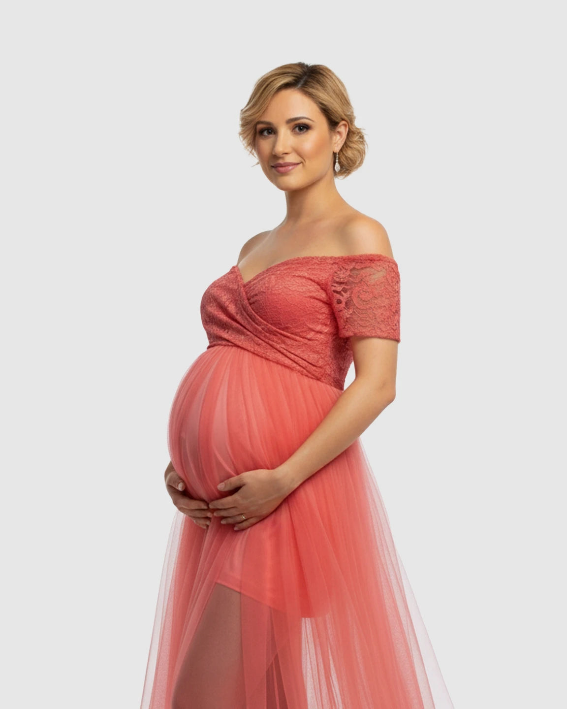 Lace & Mesh Off-Shoulder Maternity Gown
