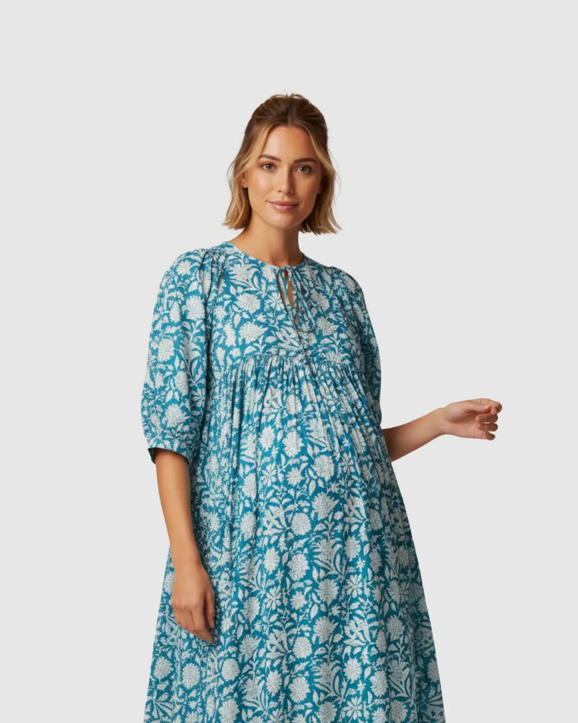 Puff-Sleeve Bohemian Maternity Midi Dress
