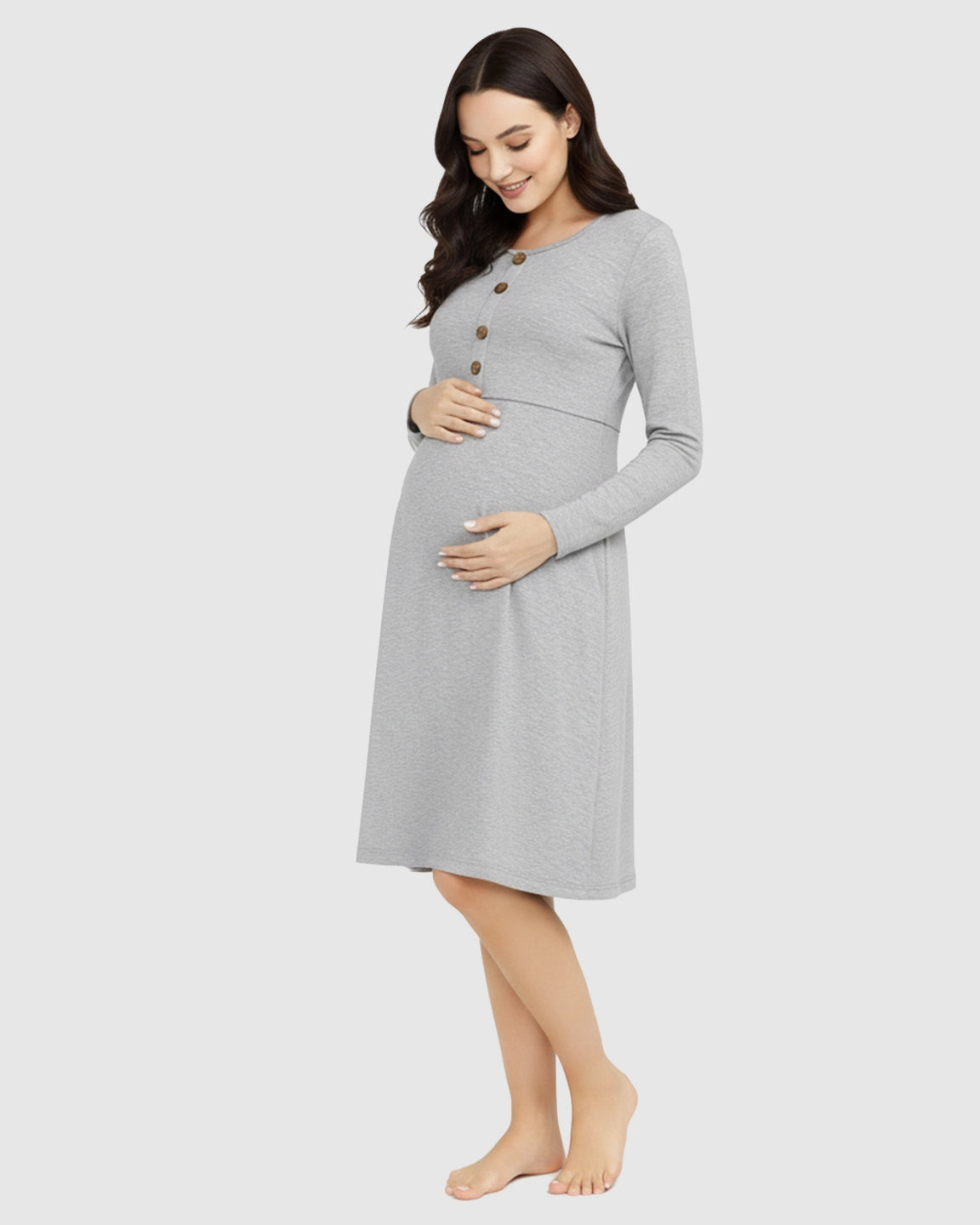Button-Front Empire Waist Long Sleeve Nursing Dress
