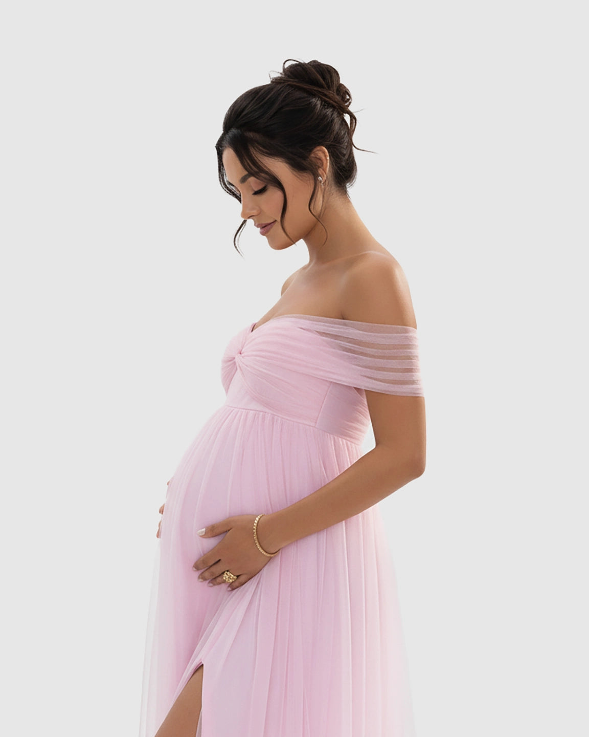 Ruched Off-Shoulder Front Slit Maternity Maxi Dress