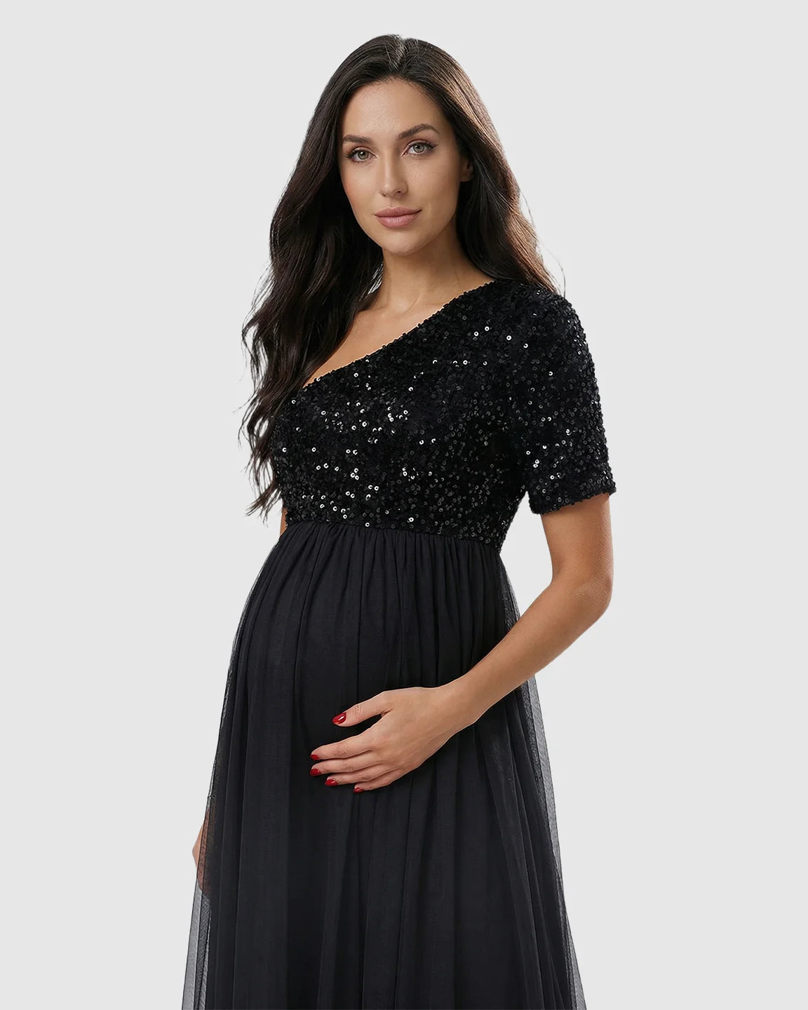 Sequin One-Shoulder Flowing Mesh Maternity Maxi Dress