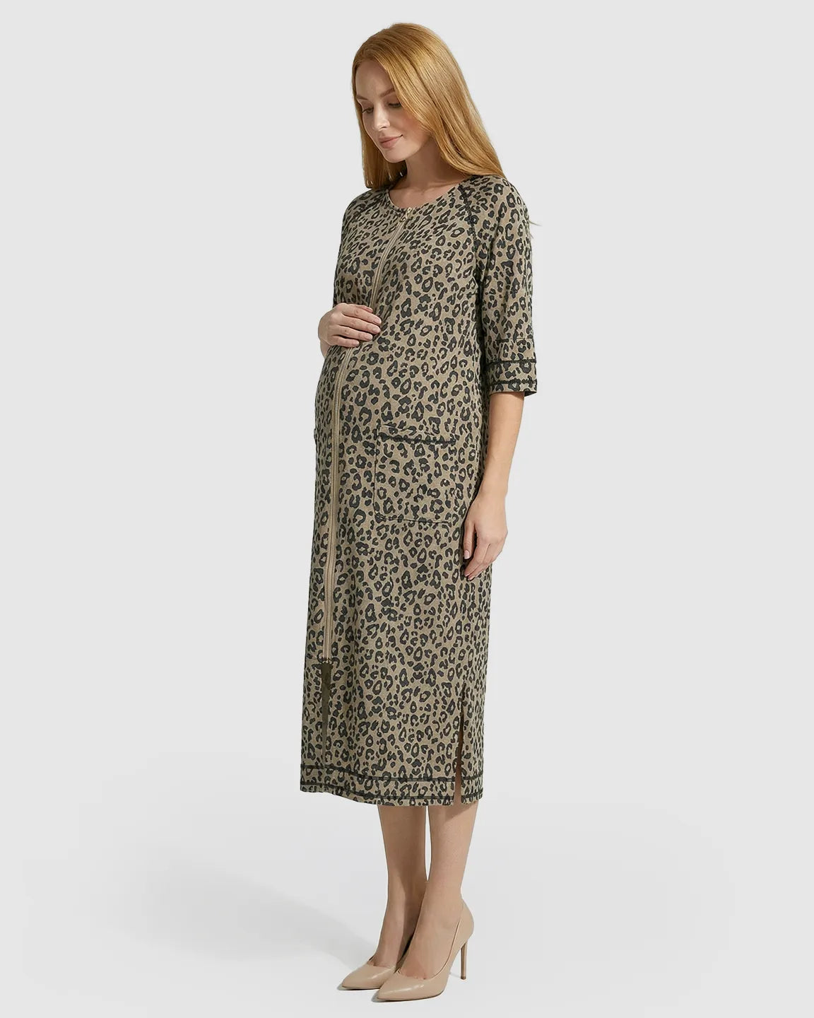 Front Zipper Leopard Print Maternity Nursing Lounge Dress