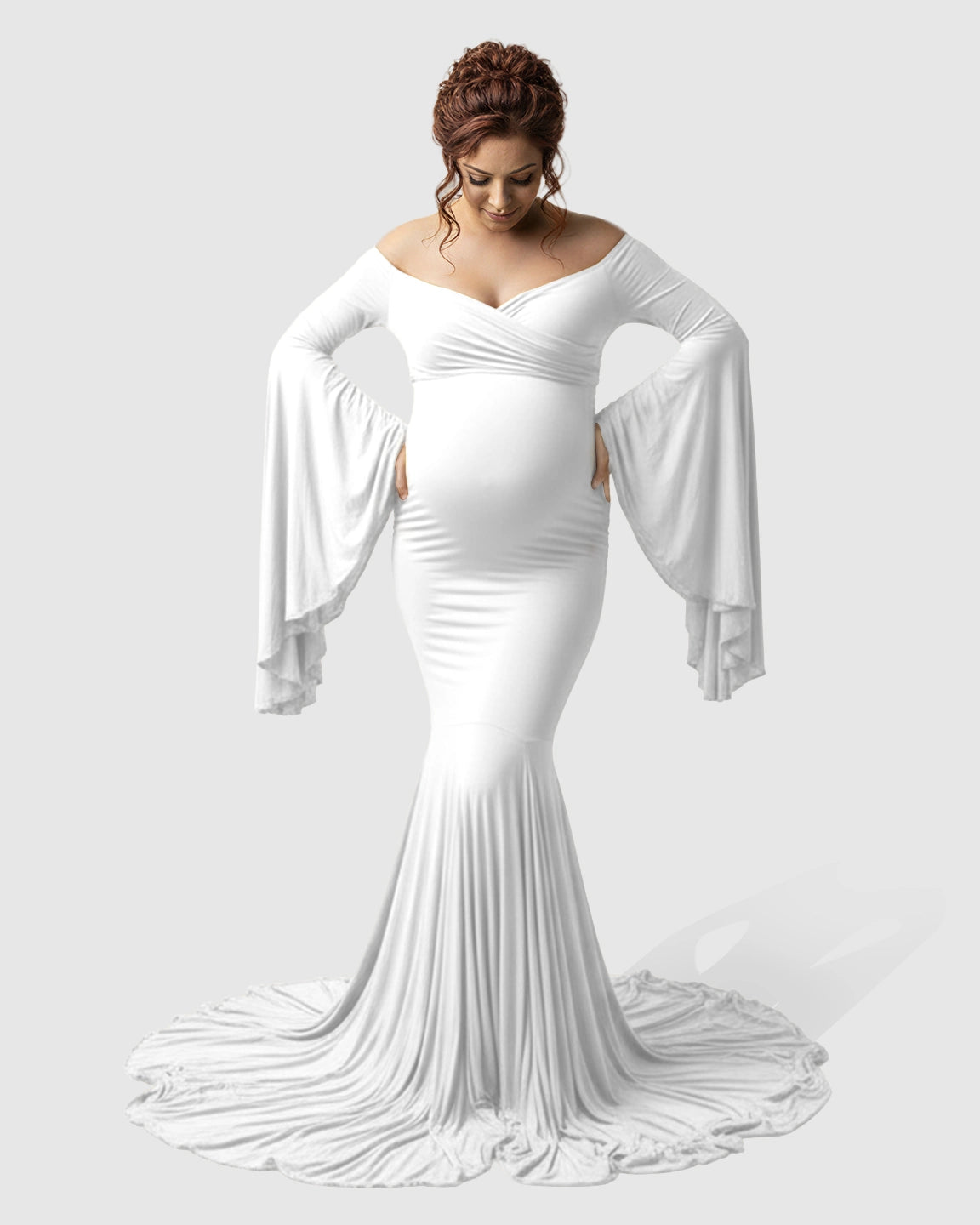 Flared Sleeve Fishtail Train Maternity Photoshoot Dress