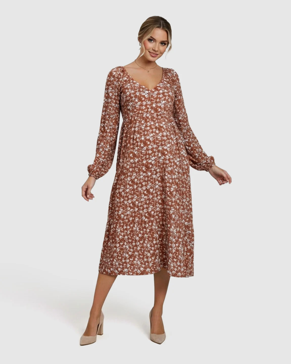 Floral Print Chiffon Flowing Maternity Midi Dress