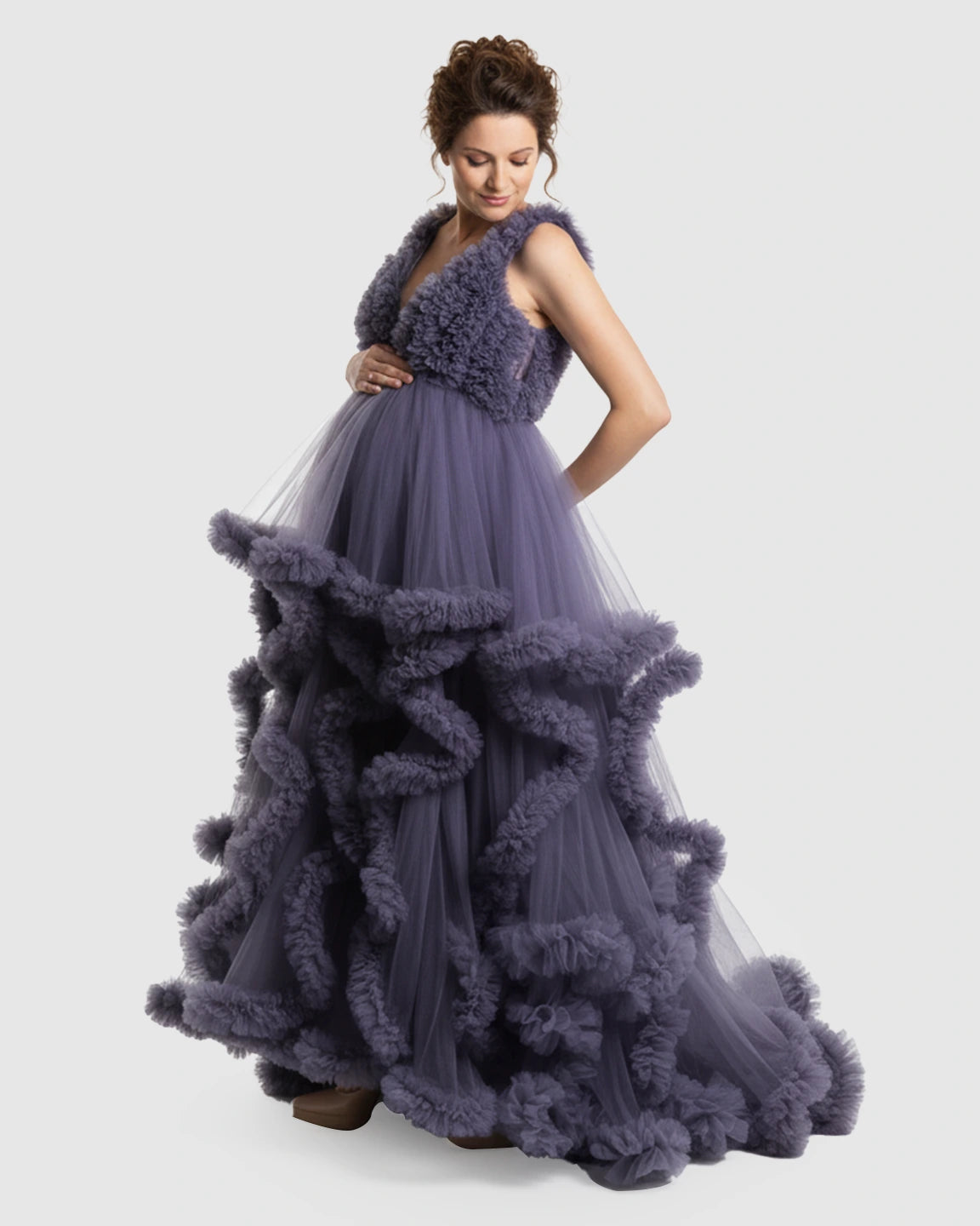Ruffled Bodice Multi-Layer Mesh Pleats Maternity Gown