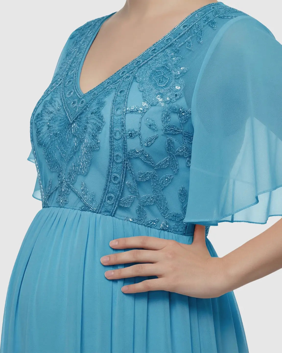 Embroidered Bodice Long Train Maternity Photoshoot Gown