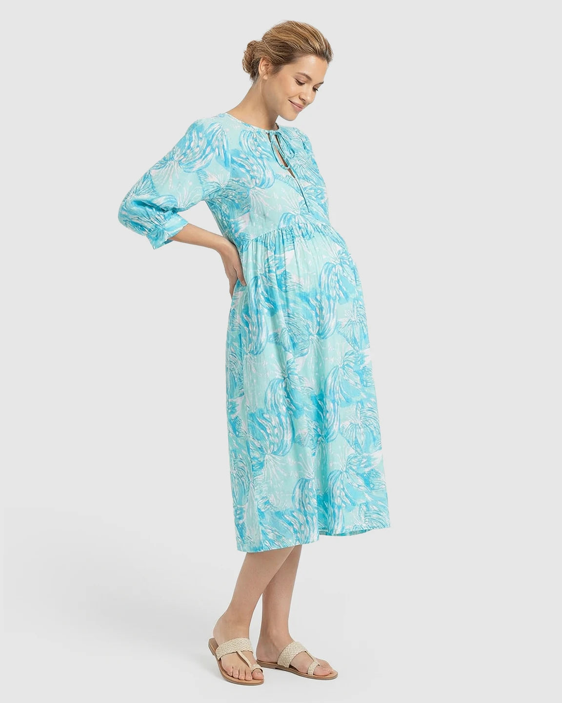Drawstring Keyhole Neck Floral Maternity Midi Dress