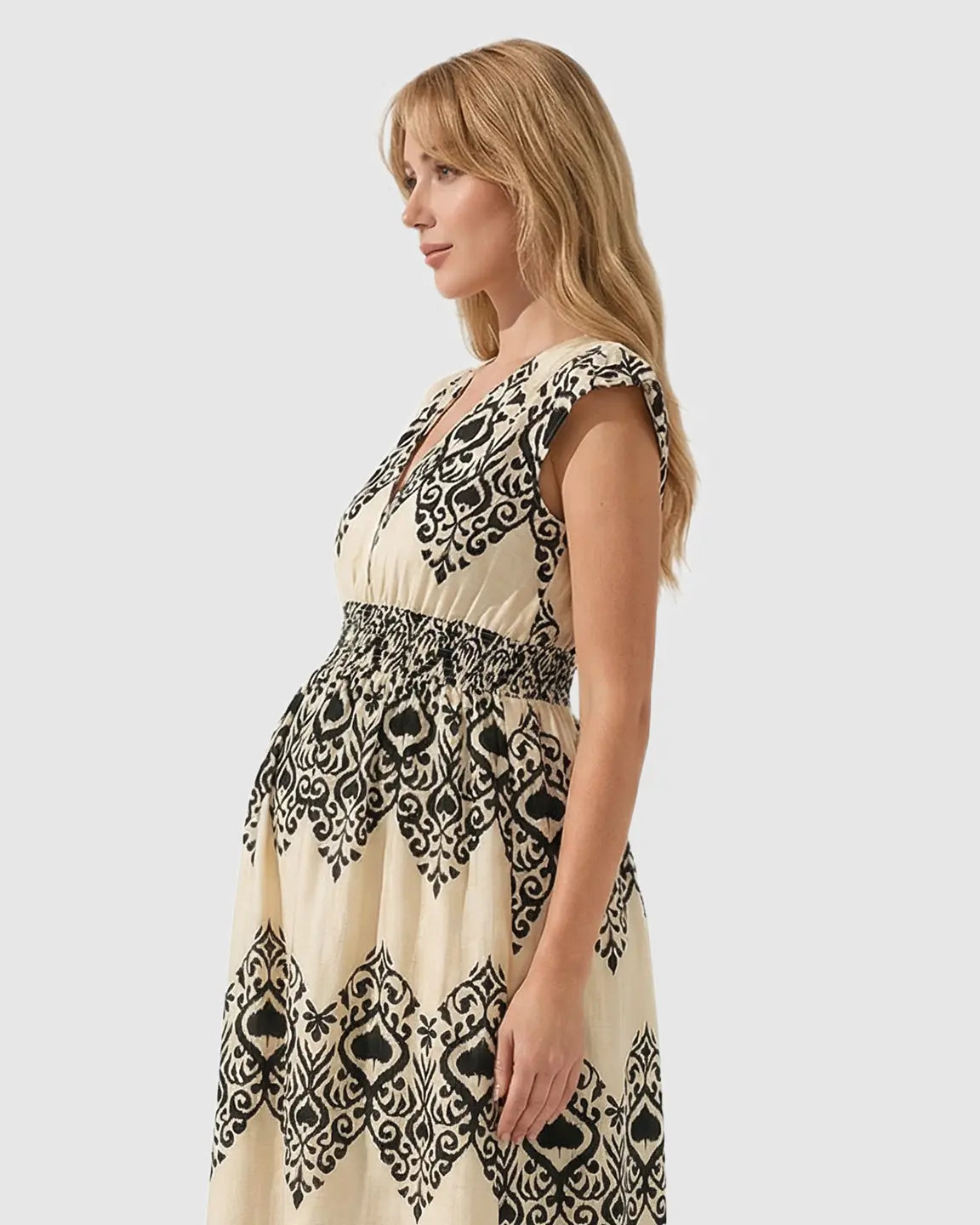 V-neck Ethnic Print Maternity Maxi Dress