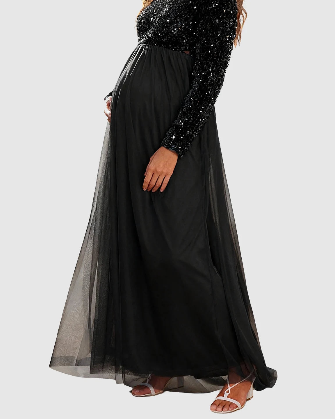 Sequin Long-Sleeve Empire Waist Maternity Maxi Dress
