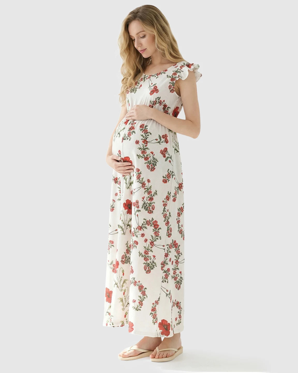 Ruffle Shoulder Floral Maternity Maxi Dress