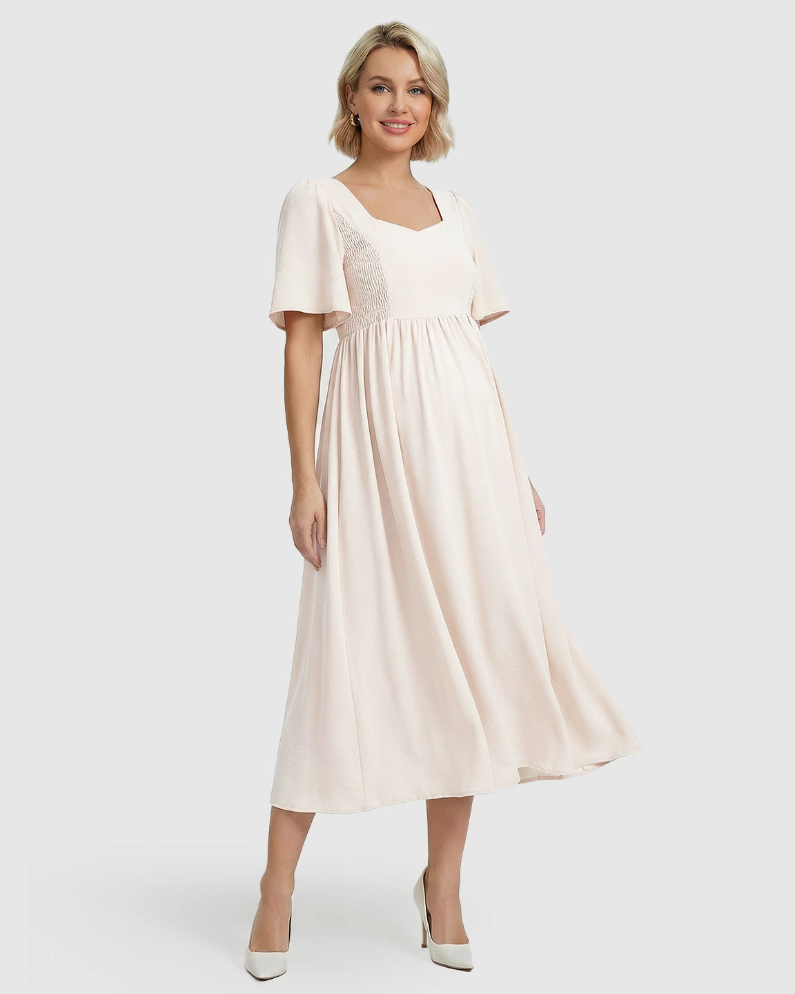 Shirred Ruffle Sleeve Swing Maternity Midi Dress