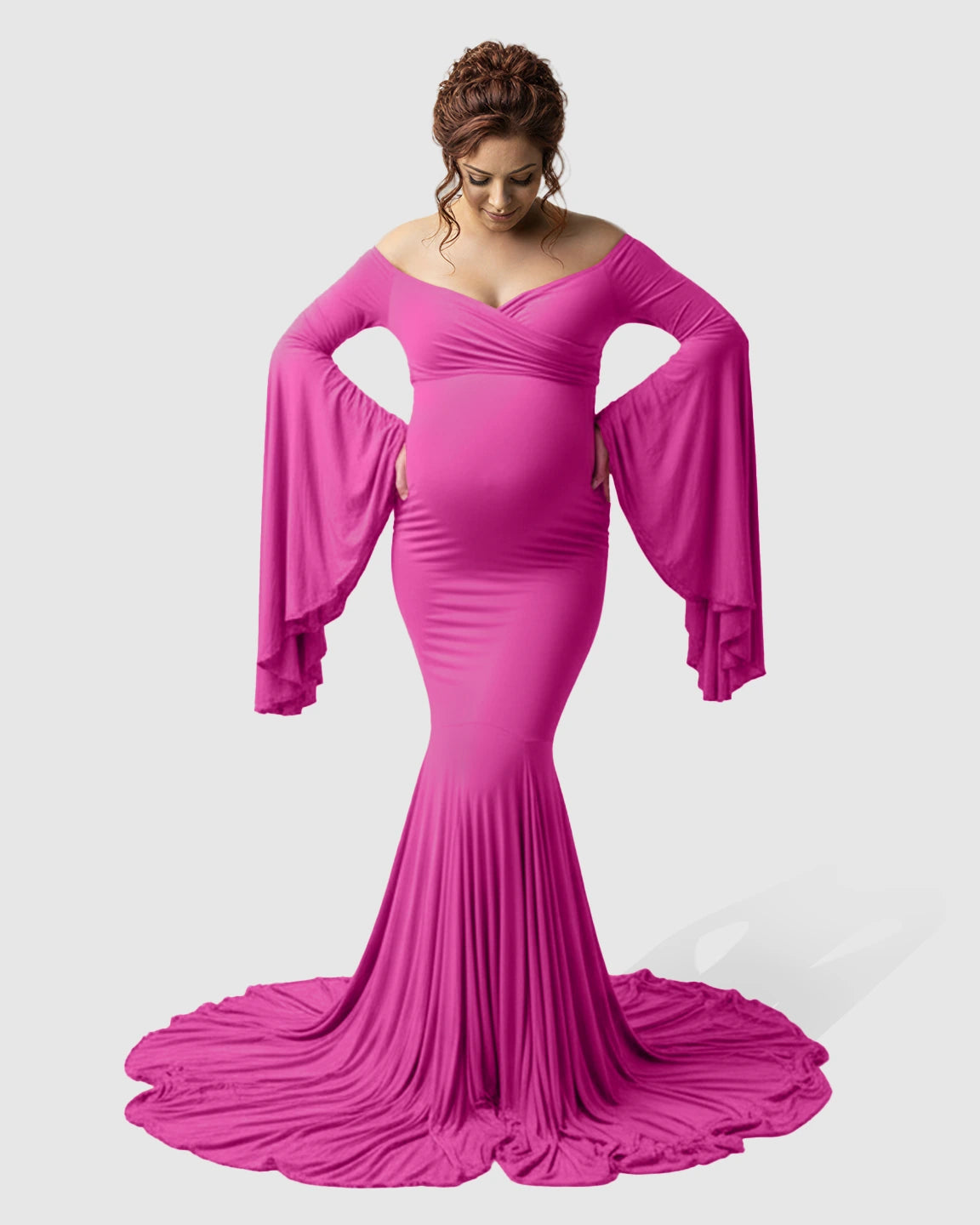 Flared Sleeve Fishtail Train Maternity Photoshoot Dress