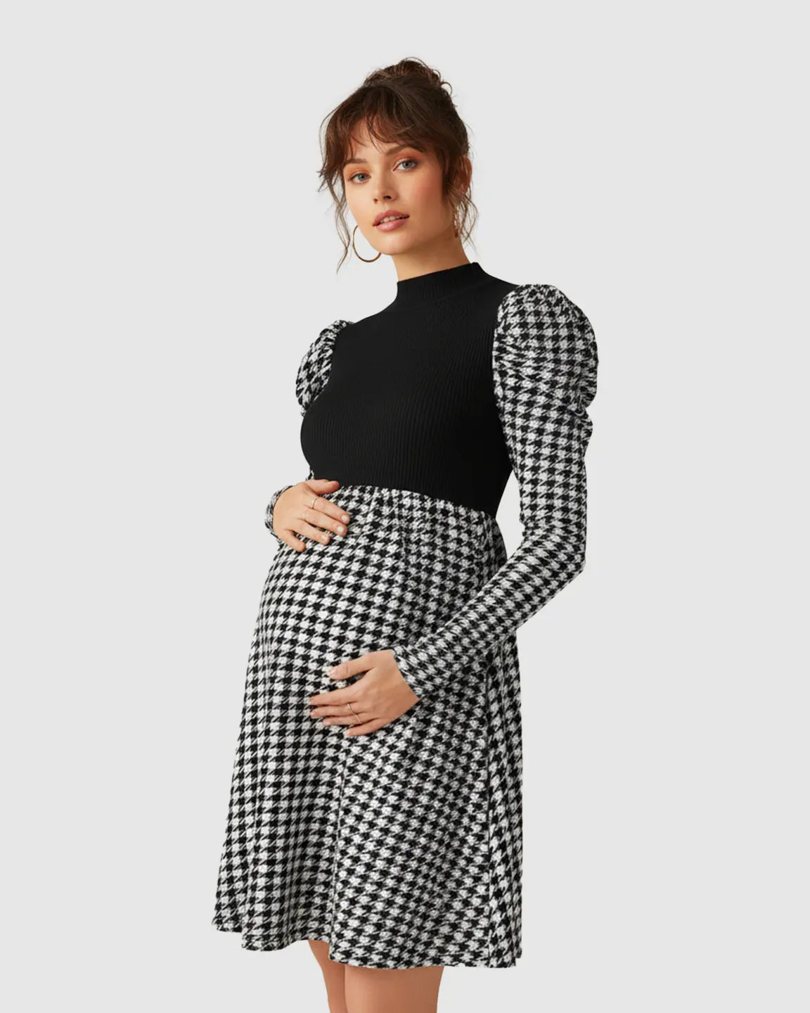Houndstooth Pattern Elegant Maternity Short Dress