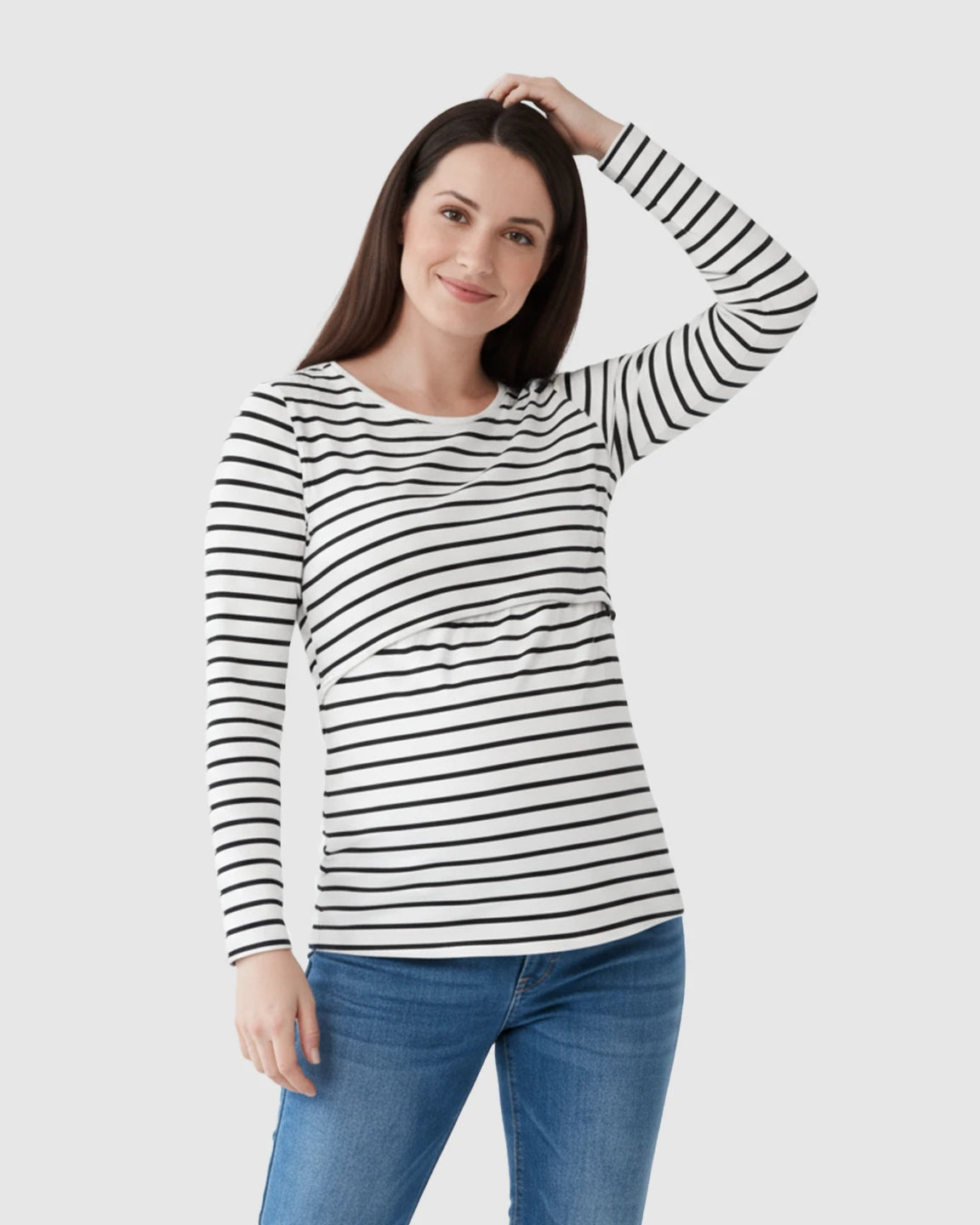 Round Neck Striped Print Maternity & Nursing Top