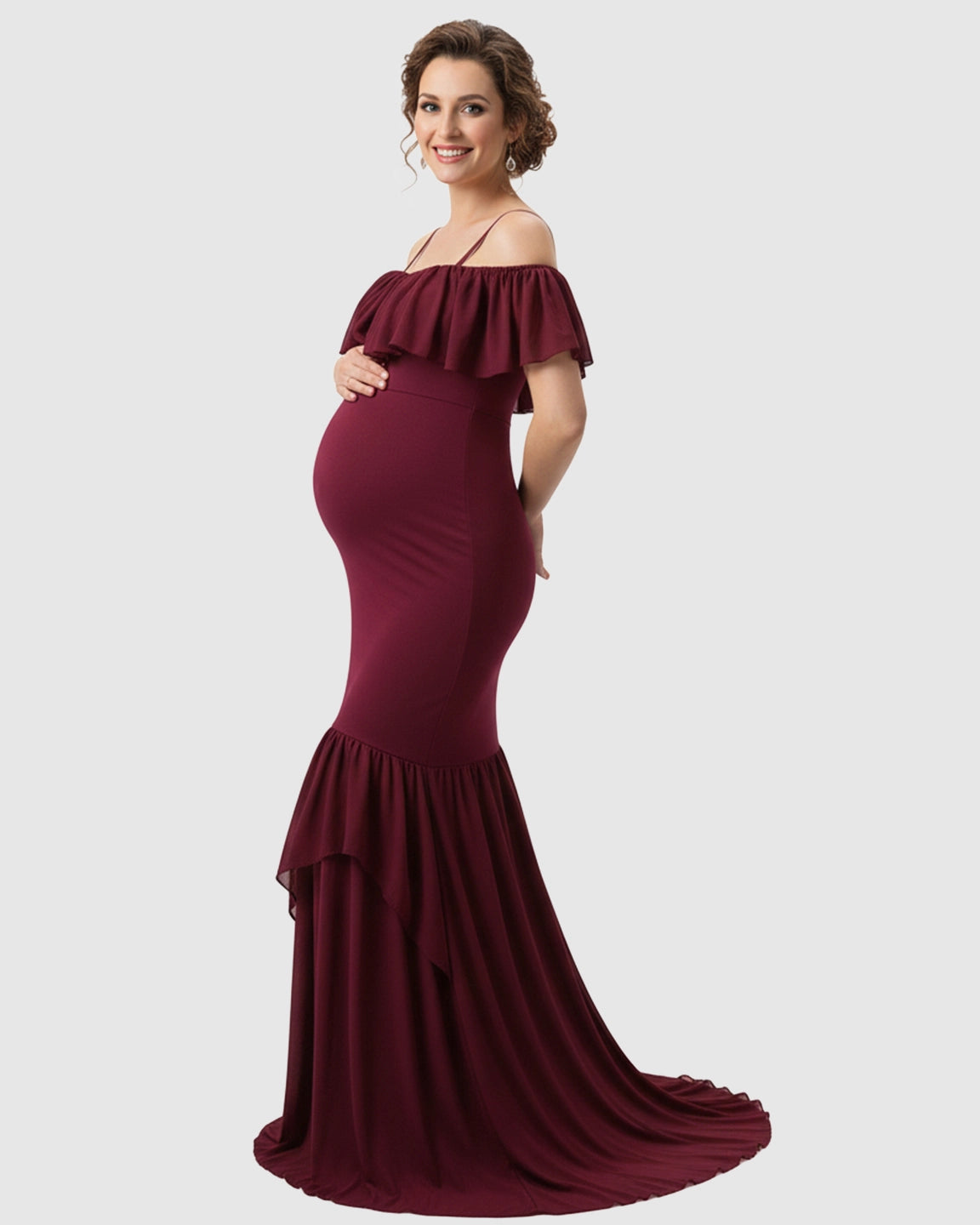 Ruffled Off-Shoulder Mermaid Train Maternity Photoshoot Dress