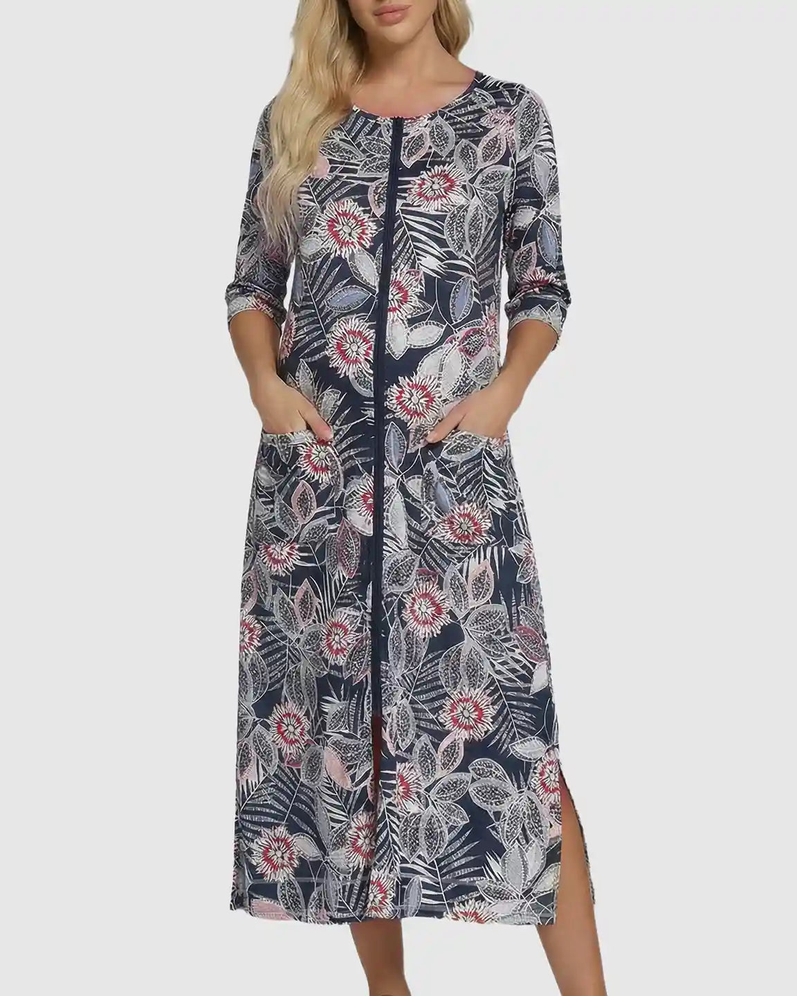 Full Front Zipper Floral Maternity Nursing Lounge Dress