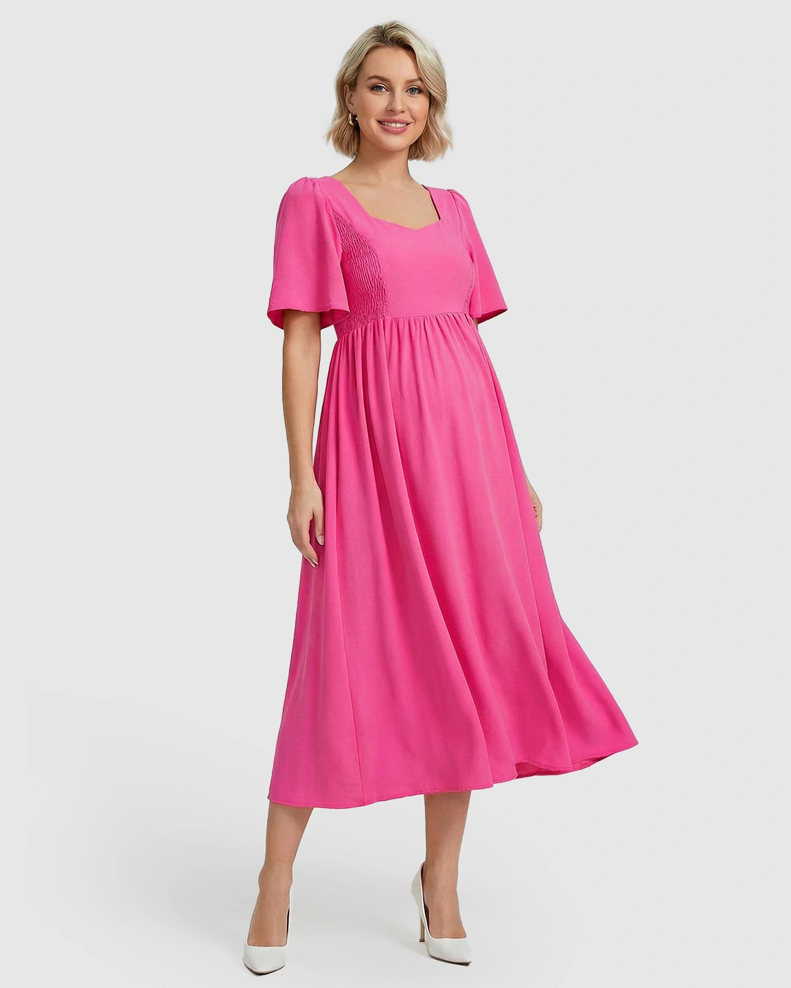 Shirred Ruffle Sleeve Swing Maternity Midi Dress