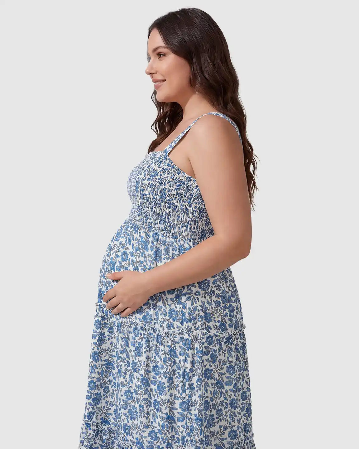 Smocked Floral A-Line Maternity Midi Dress