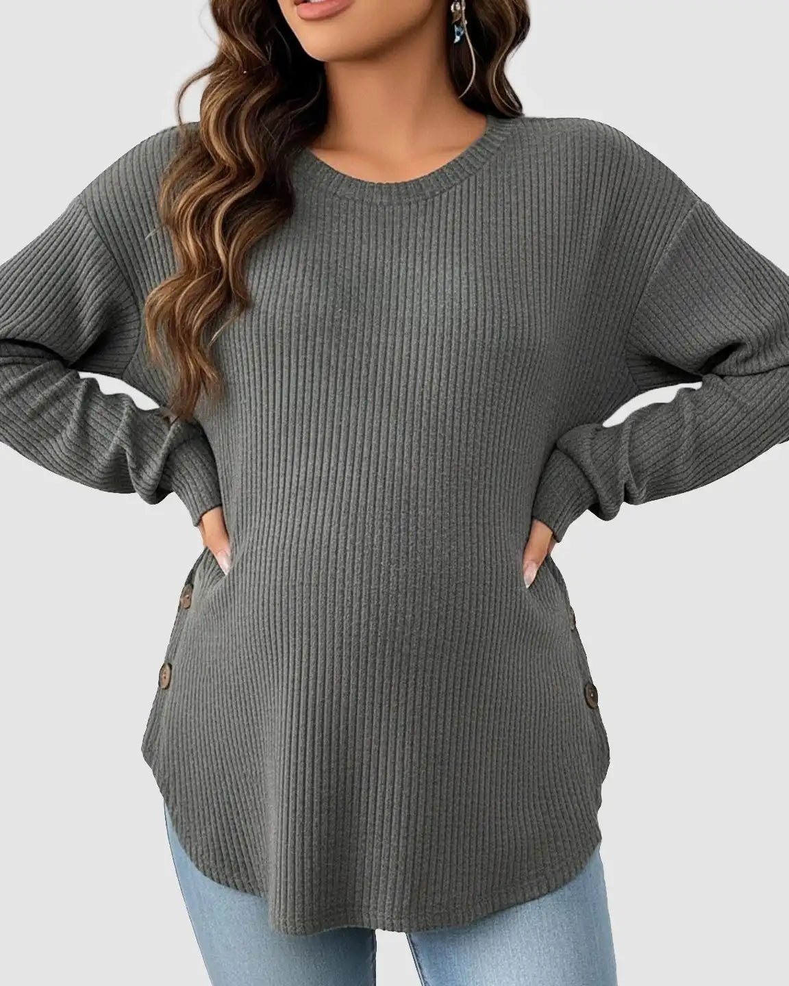 Round Neck Long Sleeve Casual Maternity Sweatshirt