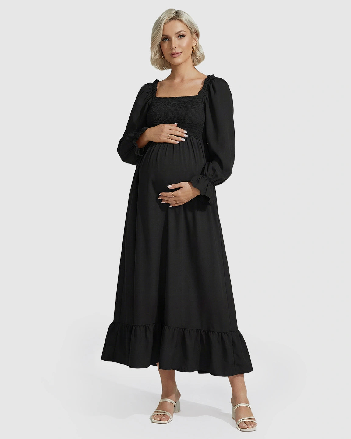 Ruffled Square-Neck Babydoll Maternity Maxi Dress