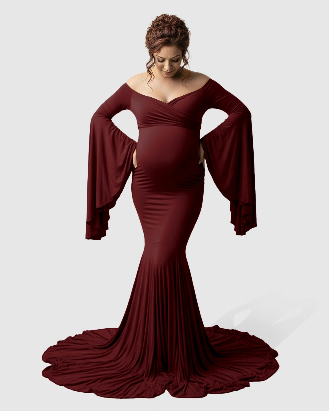 Flared Sleeve Fishtail Train Maternity Photoshoot Dress