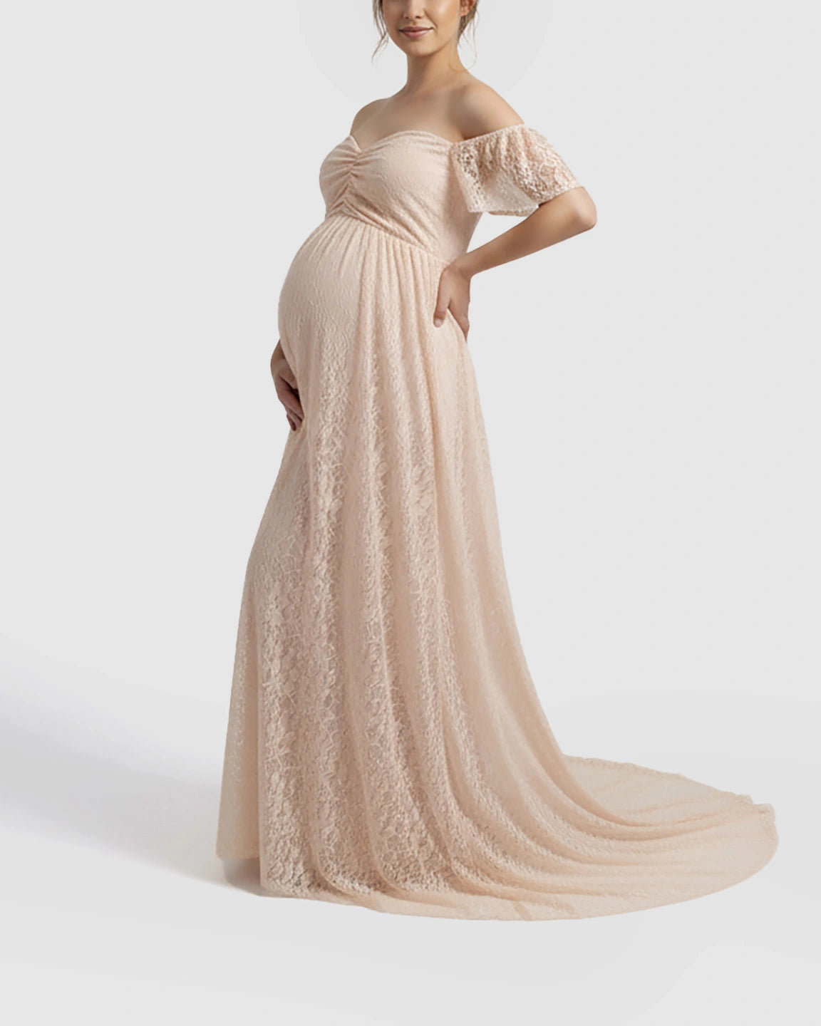 Off-Shoulder Flowing Lace Maternity Maxi Dress