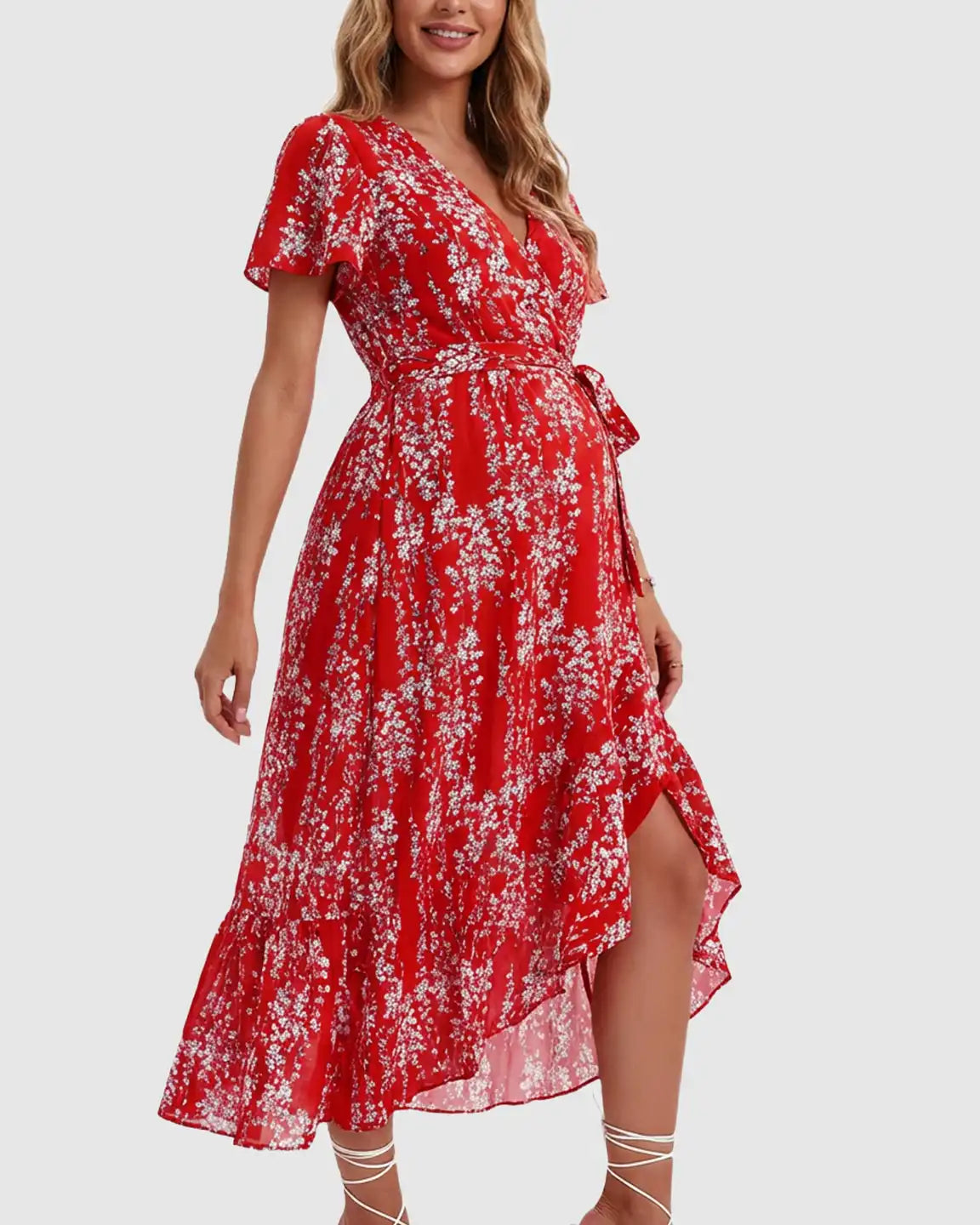 Floral V-neck Large Swing Maternity Midi Dress