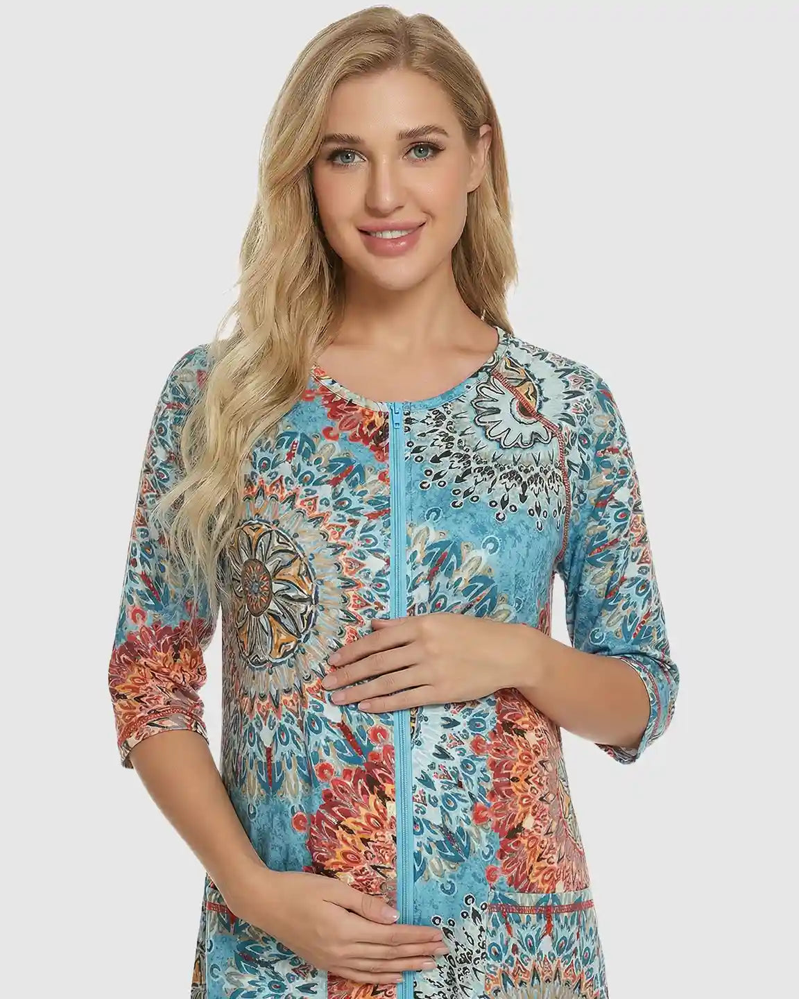 Front Zipper Boho Print Maternity Nursing Lounge Dress