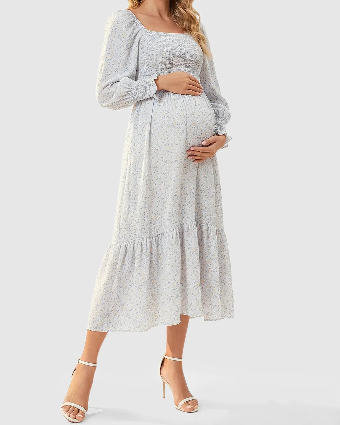 Smocked Floral Long Sleeve Maternity Midi Dress