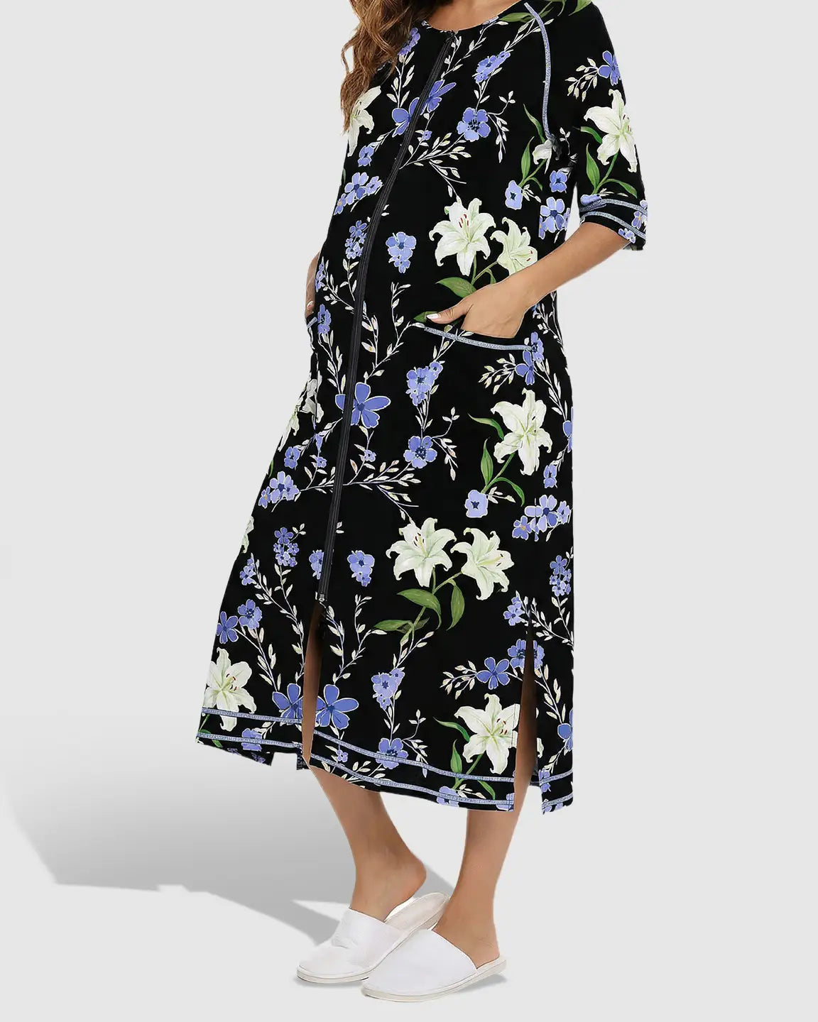 Side-Slit Floral Maternity & Nursing Lounge Dress