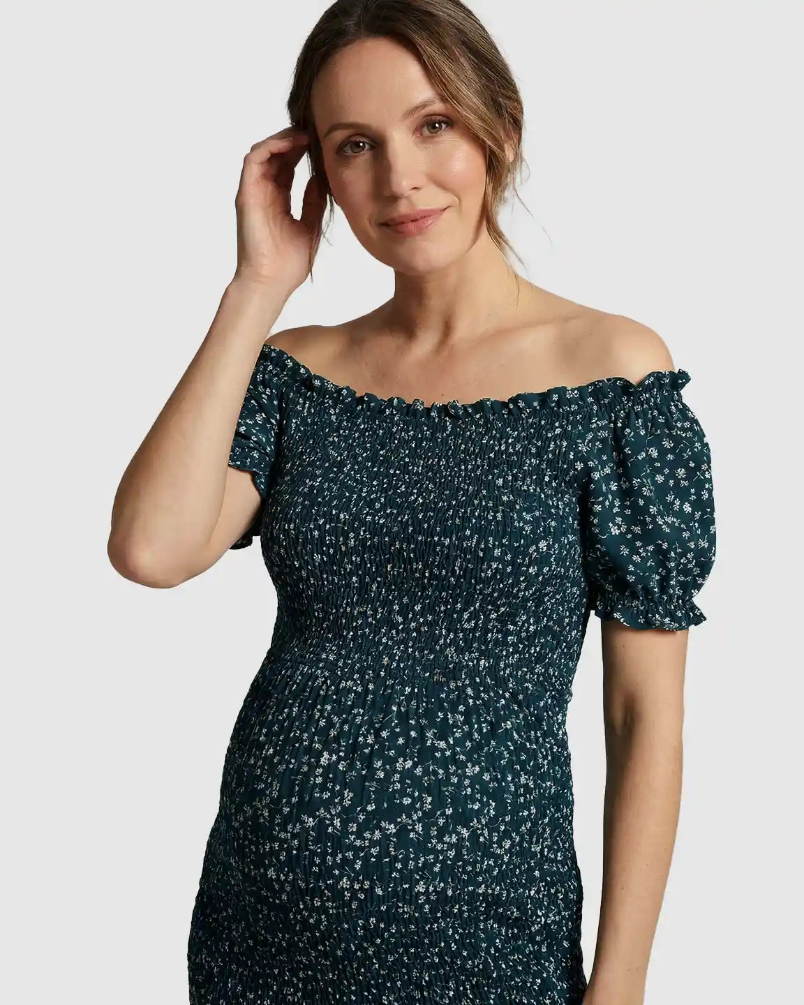 Puff Sleeve Smocked Maternity Midi Dress