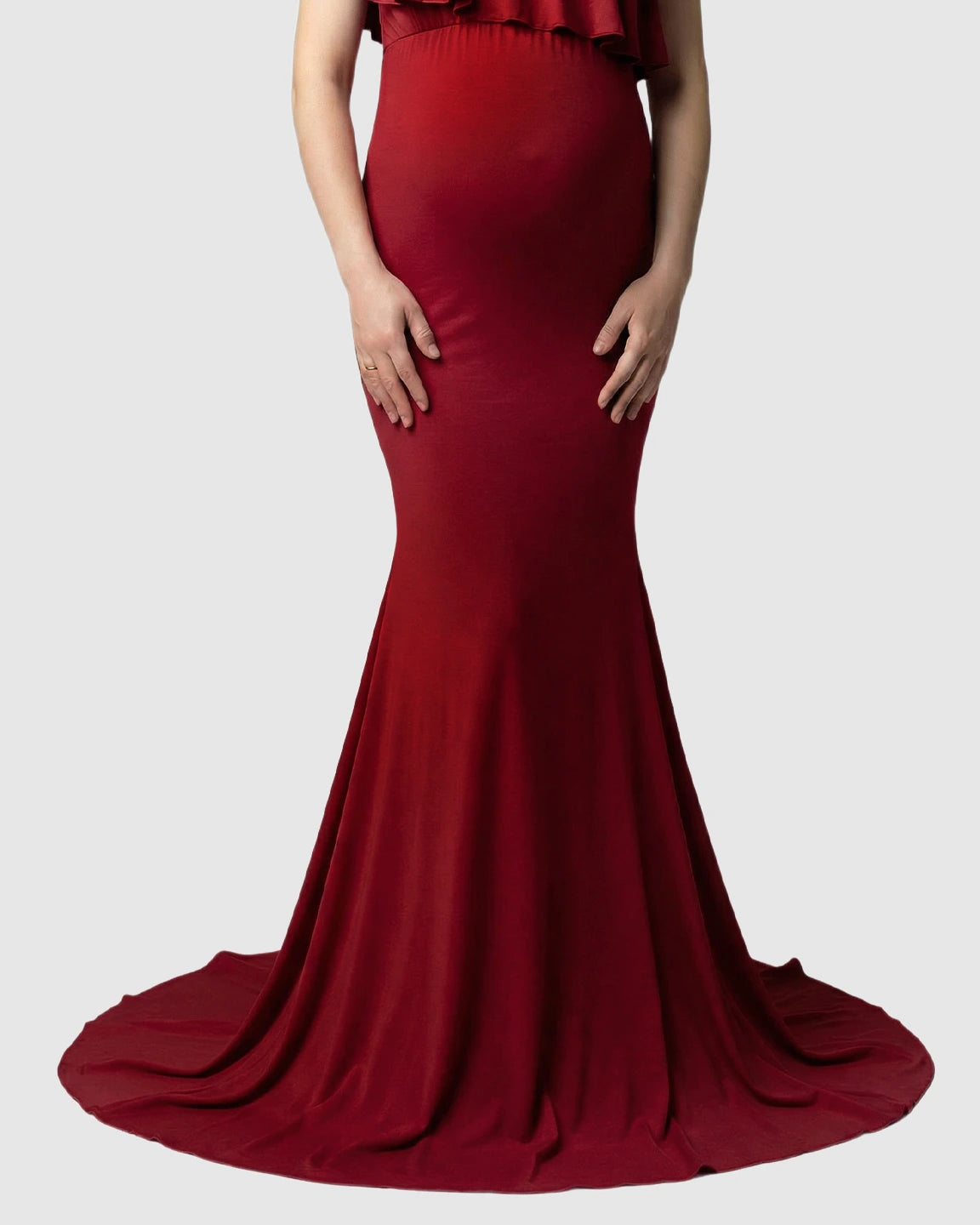 Ruffle-Off Shoulder Trailing Maternity Gown