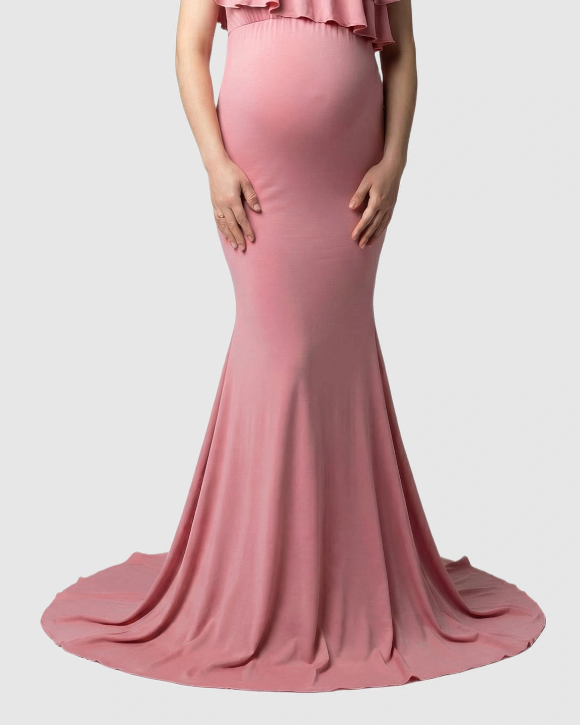 Ruffle-Off Shoulder Trailing Maternity Gown