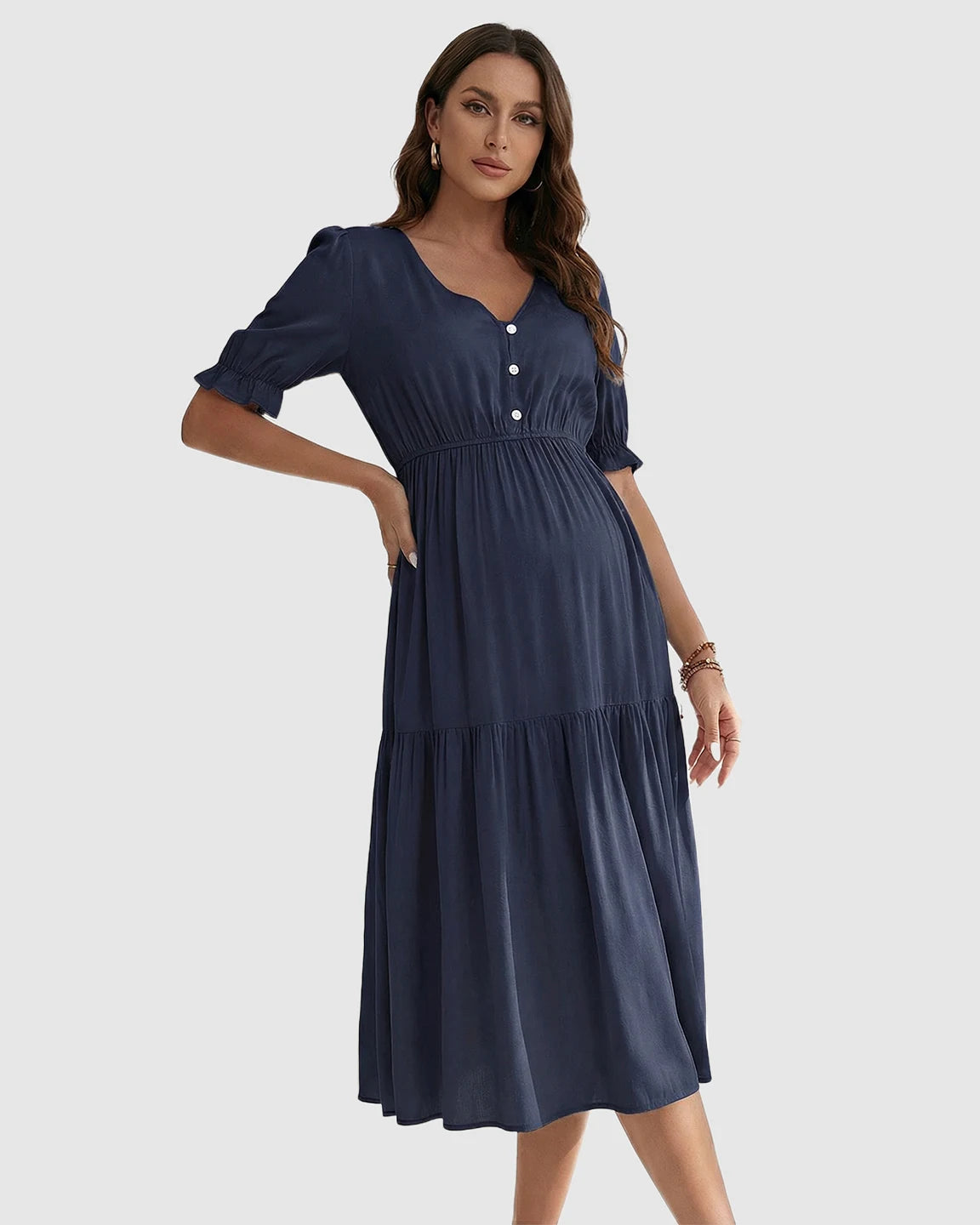 V-Neck Puff Sleeve Maternity Midi Dress