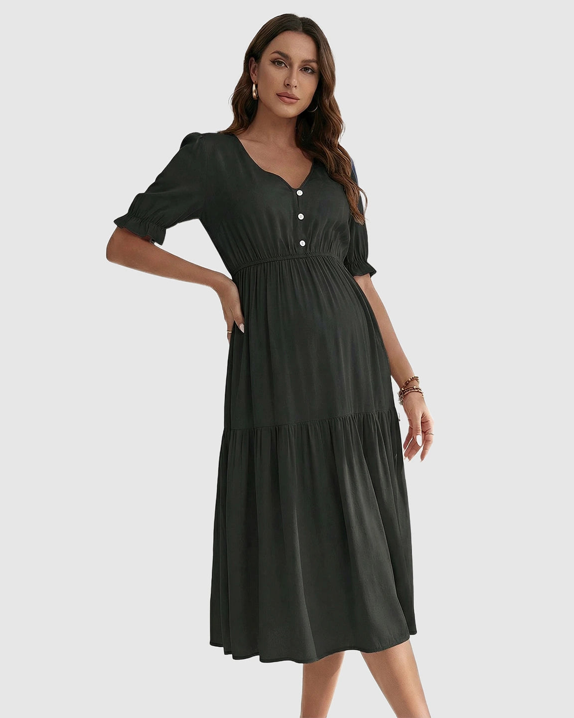 V-Neck Puff Sleeve Maternity Midi Dress
