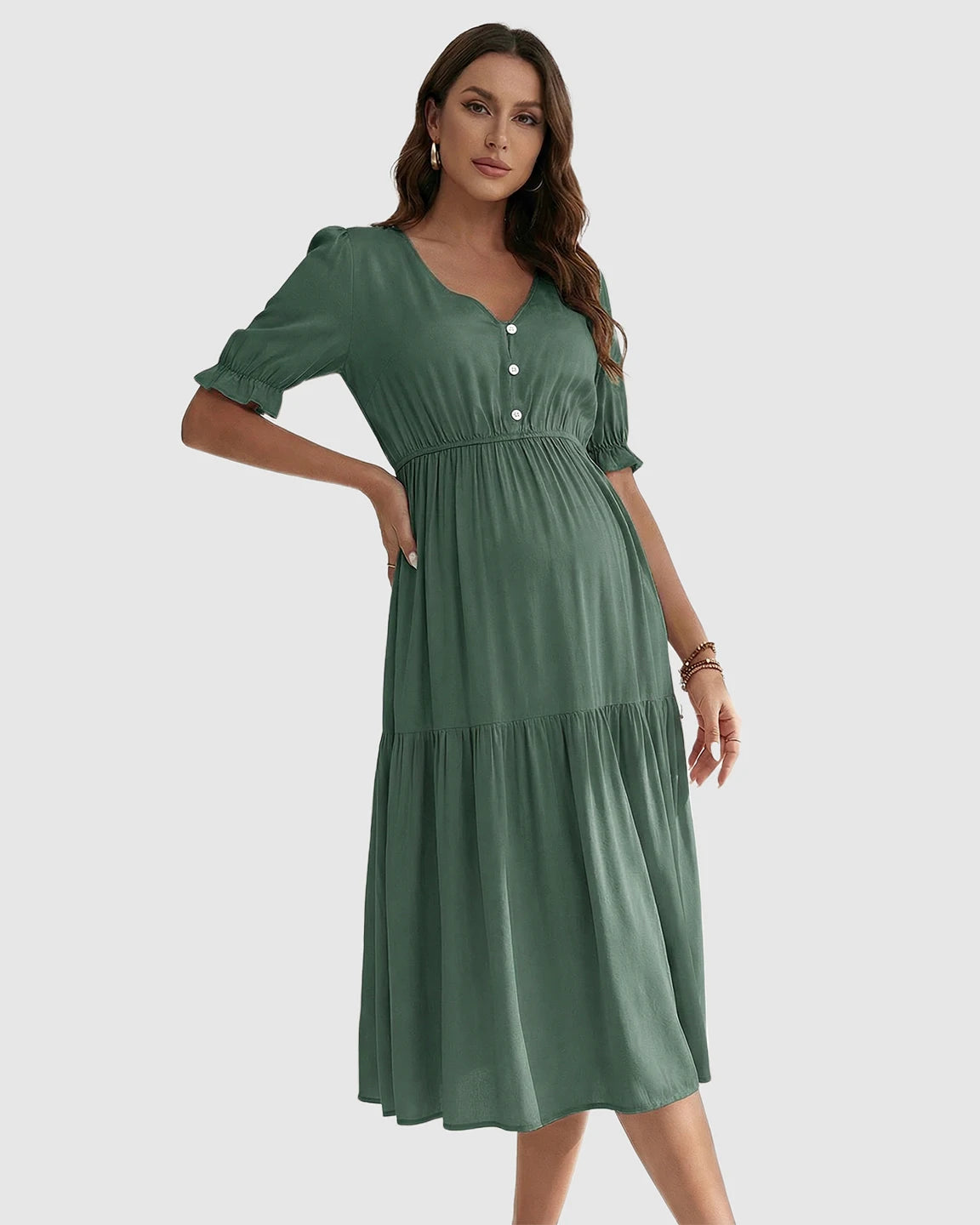 V-Neck Puff Sleeve Maternity Midi Dress