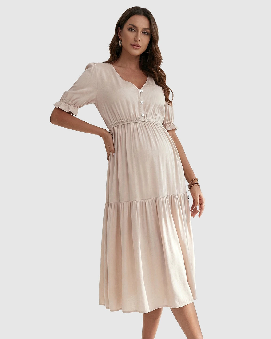 V-Neck Puff Sleeve Maternity Midi Dress