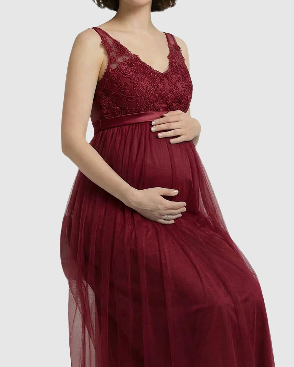 Lace-Trim Tulle Maternity Maxi Dress