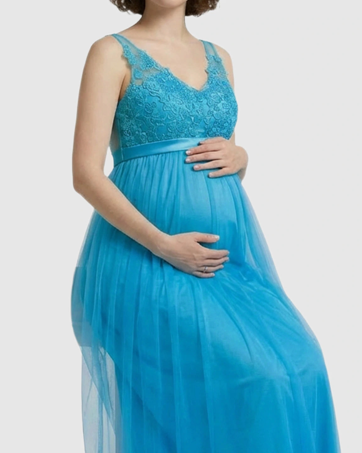 Lace-Trim Tulle Maternity Maxi Dress