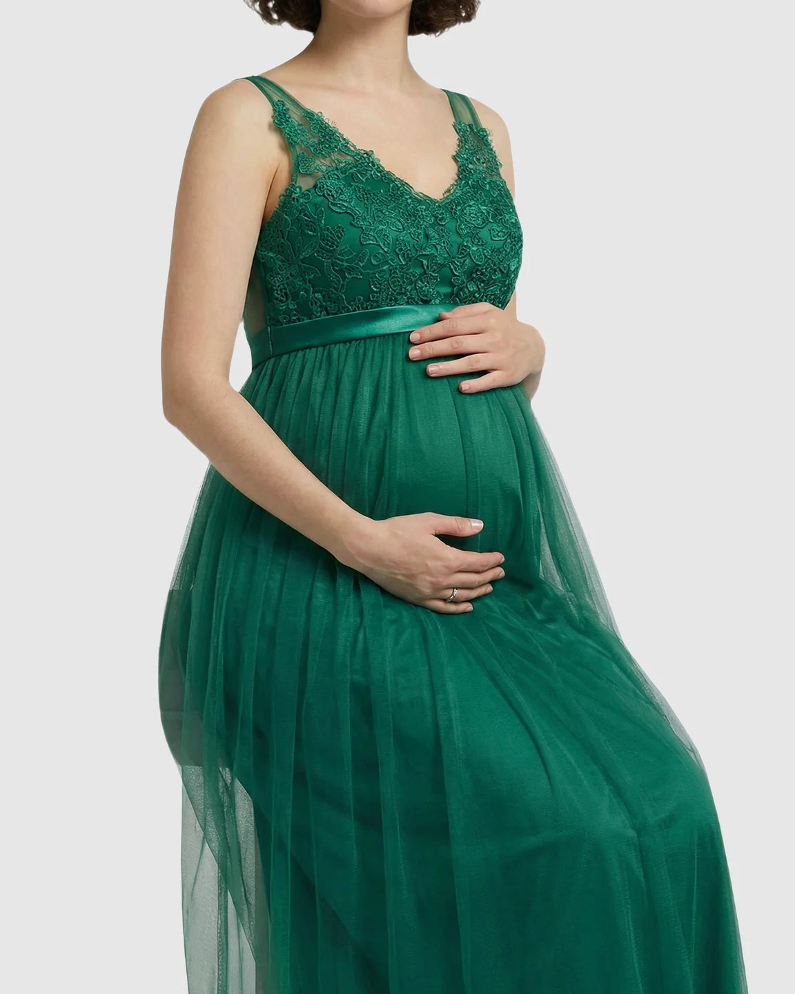 Lace-Trim Tulle Maternity Maxi Dress