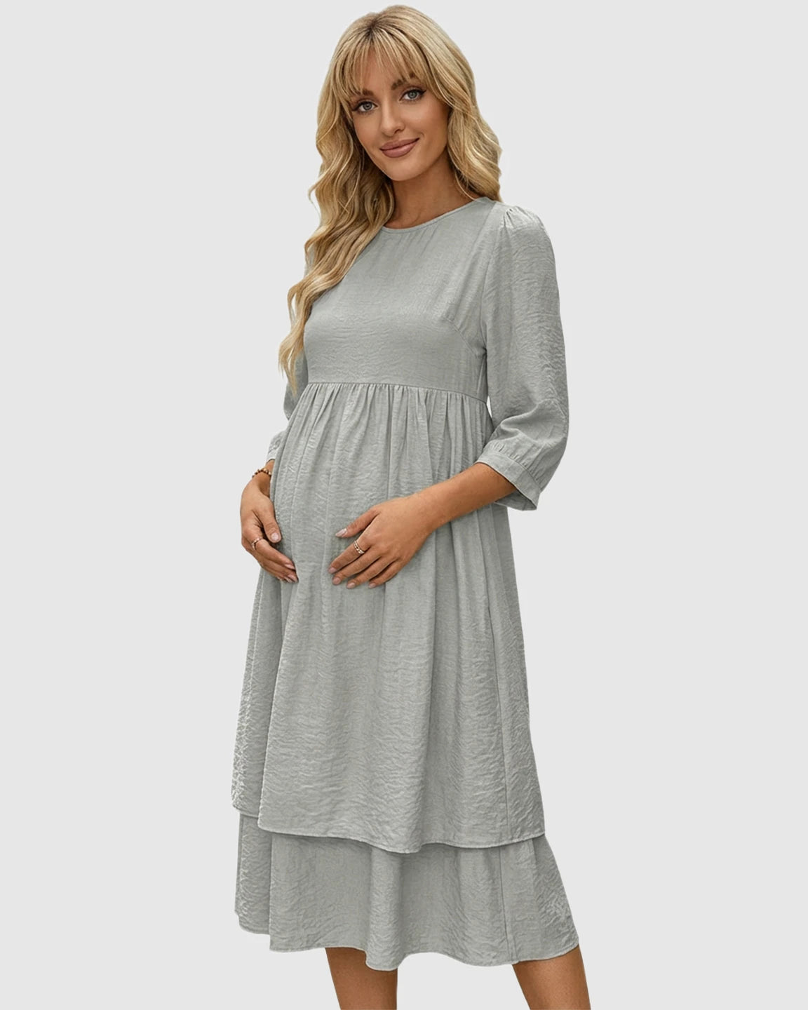 Quarter Sleeve Ruffle Skirt Maternity Midi Dress