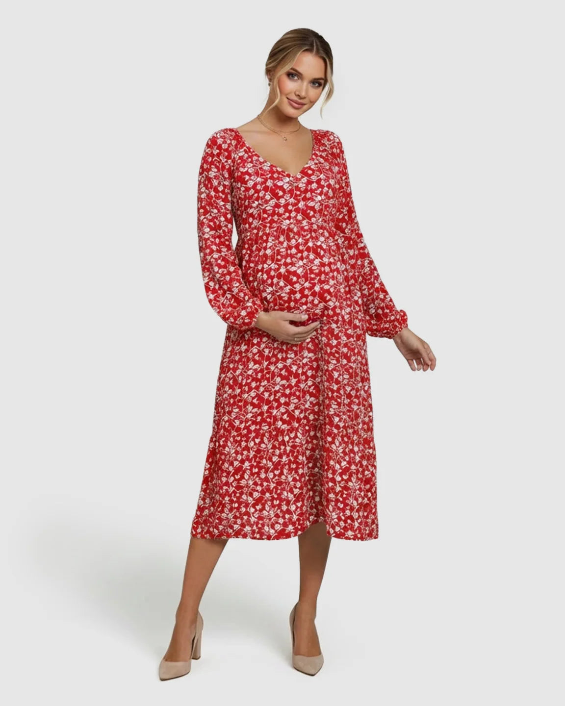 Deep V-Neck Floral Maternity Midi Dress