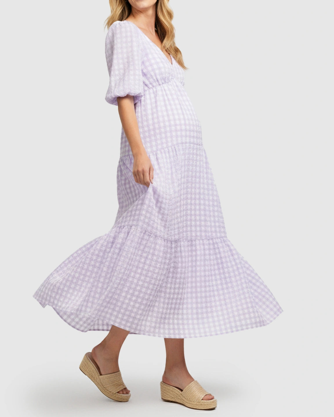 Puffed Sleeves Checkered Maternity Maxi Dress