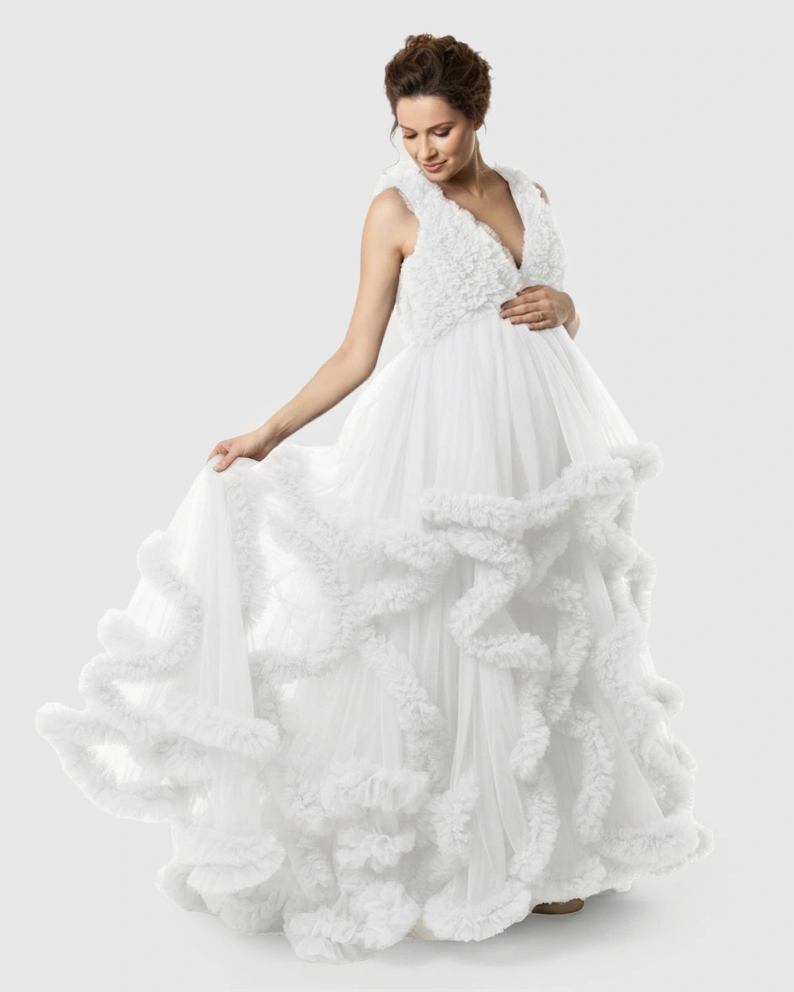 Ruffled Bodice Multi-Layer Mesh Pleats Maternity Gown