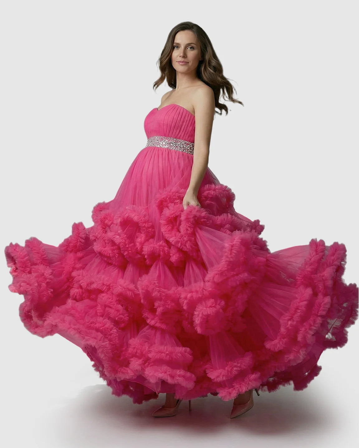 Strapless Bodice Multi-Layered Ruffled Skirt Maternity Photoshoot Dress